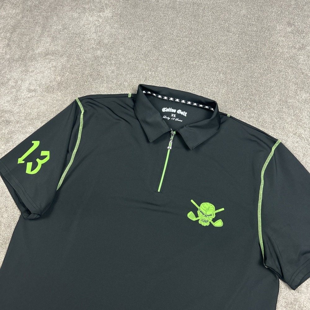 Tattoo Golf Polo Shirt Mens XL Black Performance Stretch Skull Lucky 13 Series